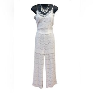 White floral eyelash lace crochet jump Bridal pant suit romper tank spaghetti